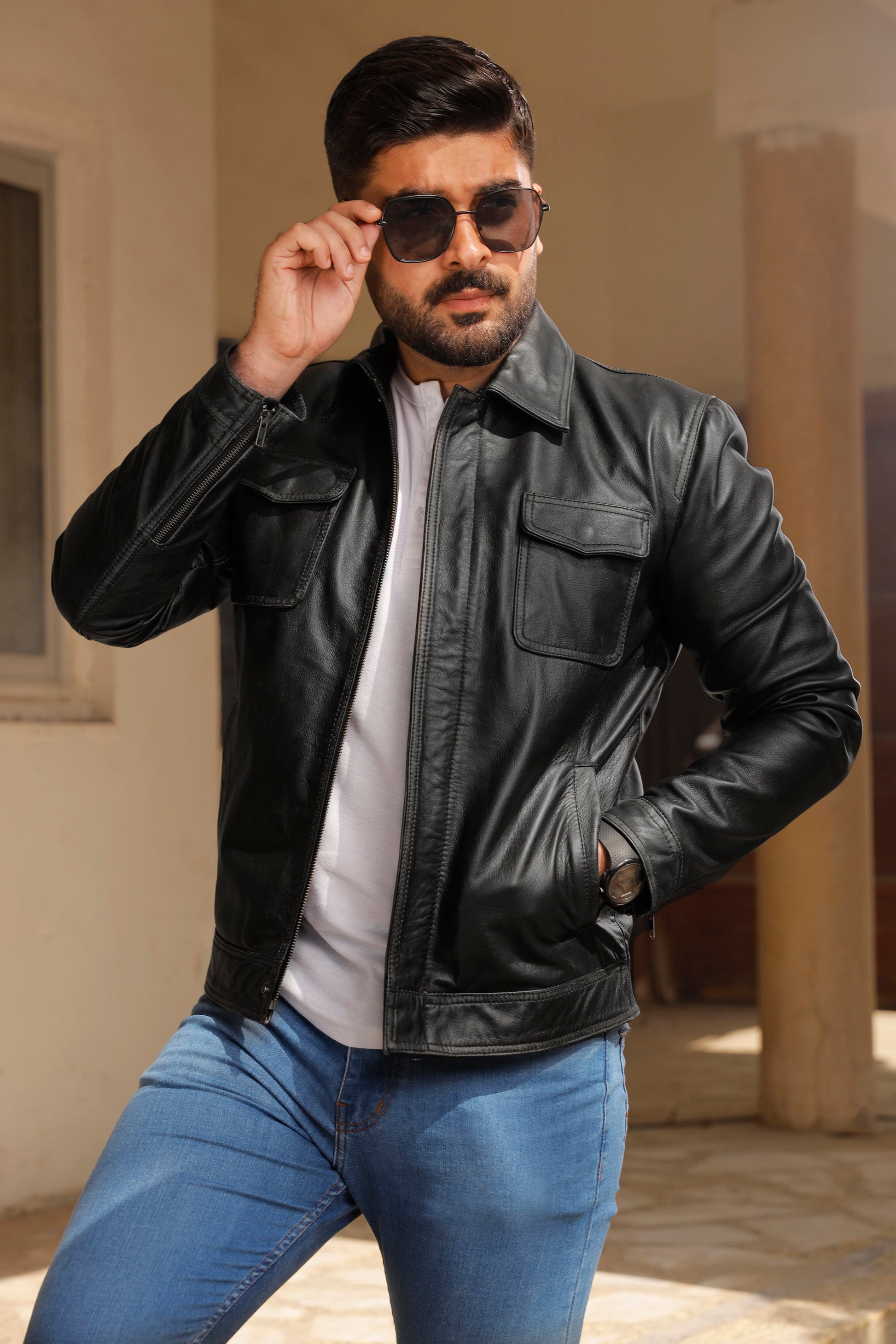 Betler Distress Black Real Leather Jacket | Majestic Leather — back view | Majestic Leather UK