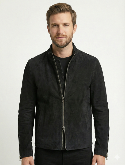 Men's Biker Suede Leather Jacket Black — front view | Majestic Leather UK