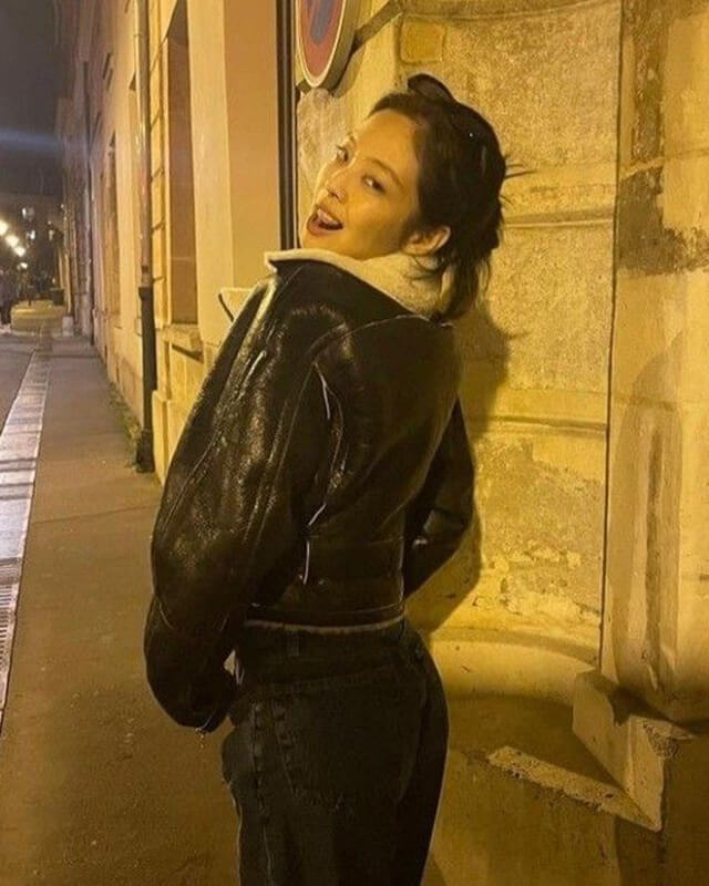 Women Biker - Blackpink Jennie Cropped Shearling Leather Jacket — side profile | Majestic Leather UK