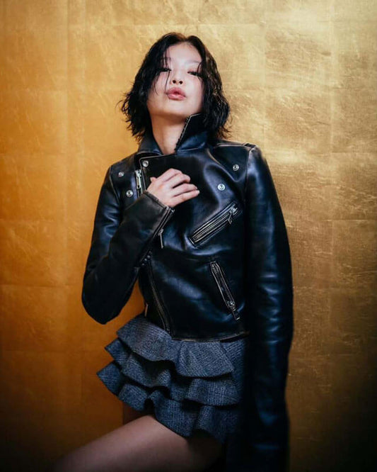 Women Biker - Blackpink Jennie Biker Leather Jacket — front view | Majestic Leather UK