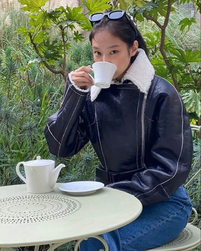 Women Biker - Blackpink Jennie Cropped Shearling Leather Jacket — back view | Majestic Leather UK