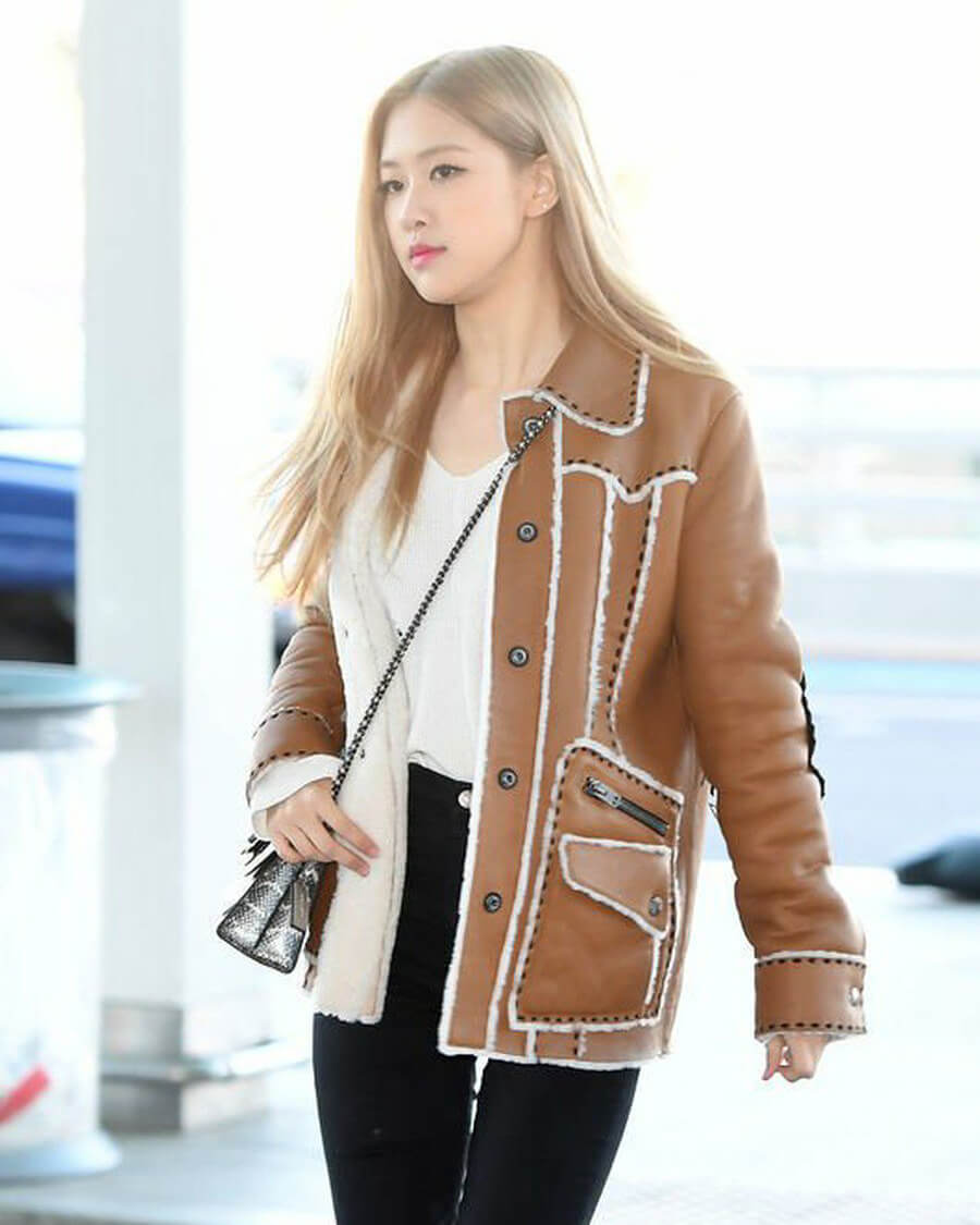 Women Biker - Blackpink Rose Brown Shearling Leather Jacket Women — interior lining | Majestic Leather UK