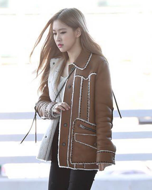 Women Biker - Blackpink Rose Brown Shearling Leather Jacket Women — product detail | Majestic Leather UK