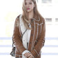 Women Biker - Blackpink Rose Brown Shearling Leather Jacket Women — front view | Majestic Leather UK
