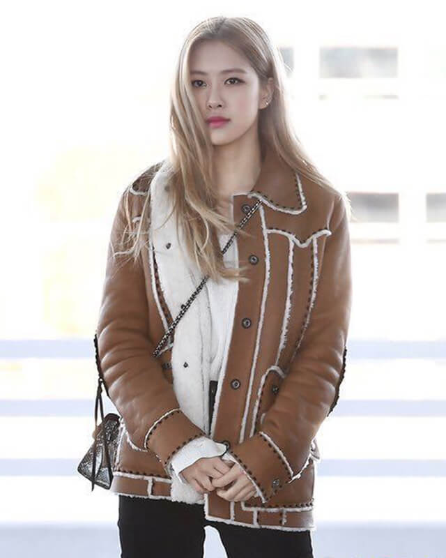 Women Biker - Blackpink Rose Brown Shearling Leather Jacket Women — front view | Majestic Leather UK