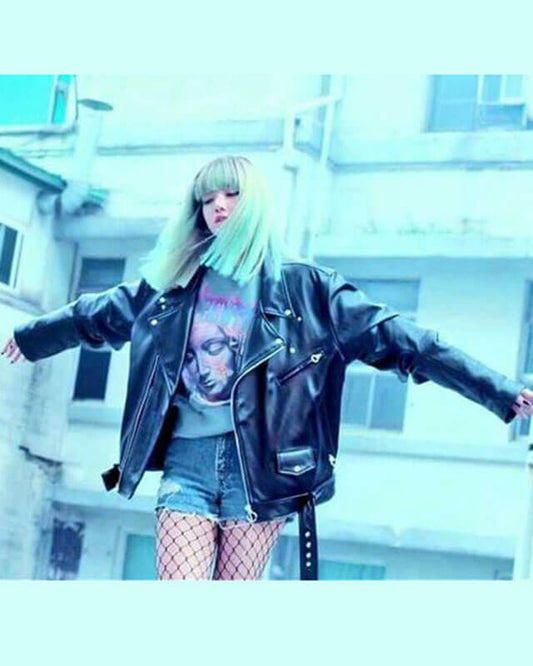 Women Biker - Blackpink Stay Lisa Biker Leather Jacket — front view | Majestic Leather UK