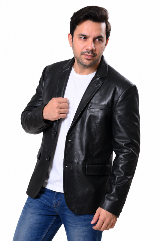Men's Black Genuine Leather Blazer – Slim Fit Button-Up Jacket| Majestic Leather Majestic Leather