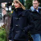 Taylor Swift Hooded Blue Wool Coat — side profile | Majestic Leather UK