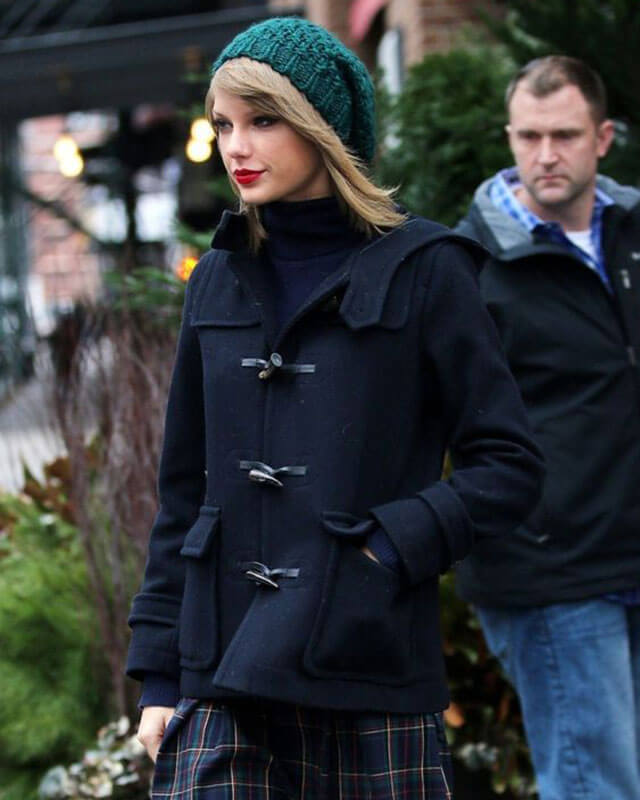 Taylor Swift Hooded Blue Wool Coat — side profile | Majestic Leather UK