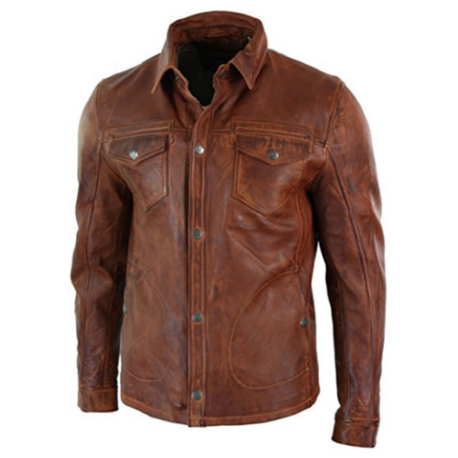 Men's Shirt Style Brown Waxed Leather Jacket | Majestic Leather — front view | Majestic Leather UK