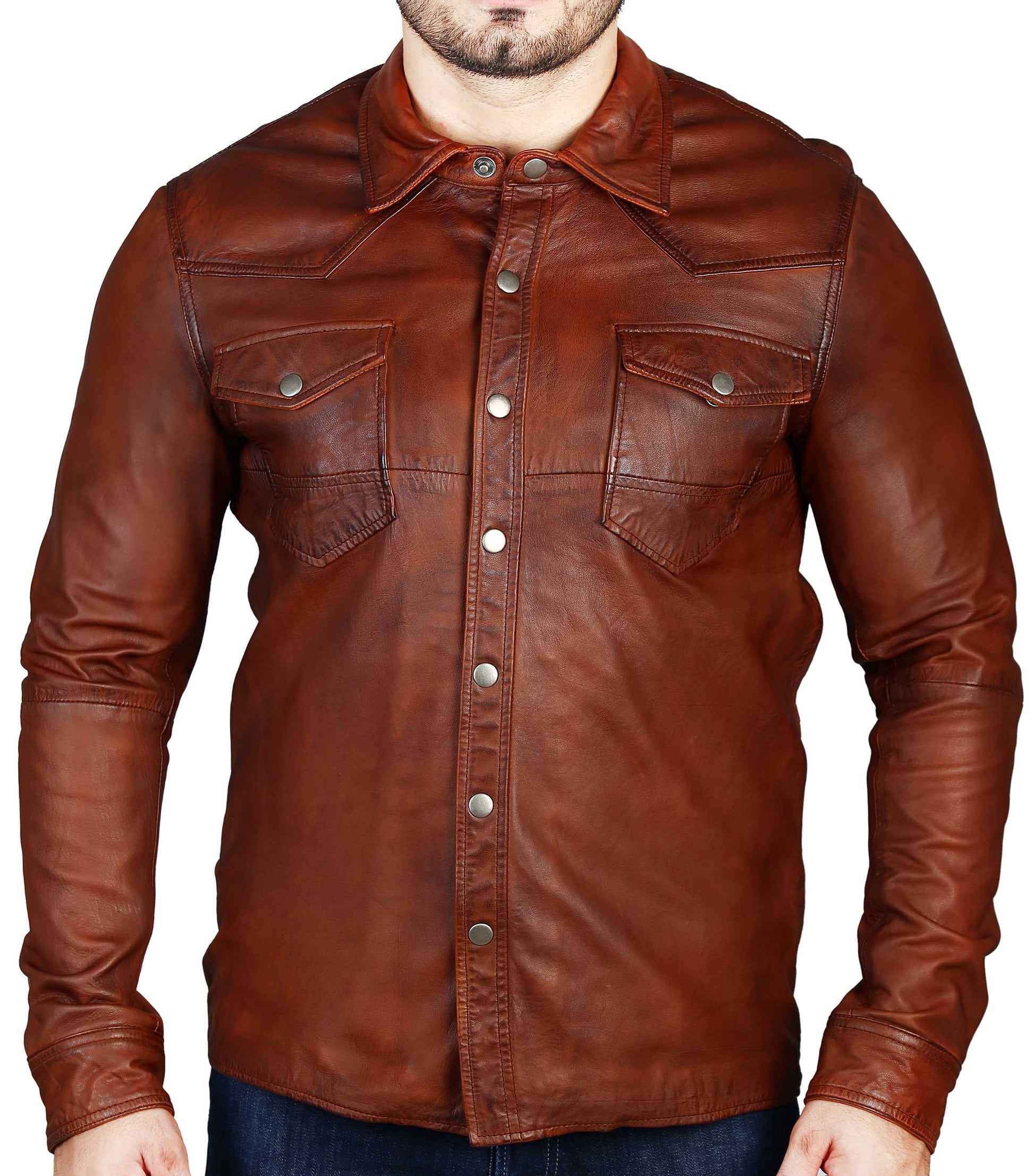 Rustic Brown Sheep Skin Leather Shirt | Majestic Leather — front view | Majestic Leather UK