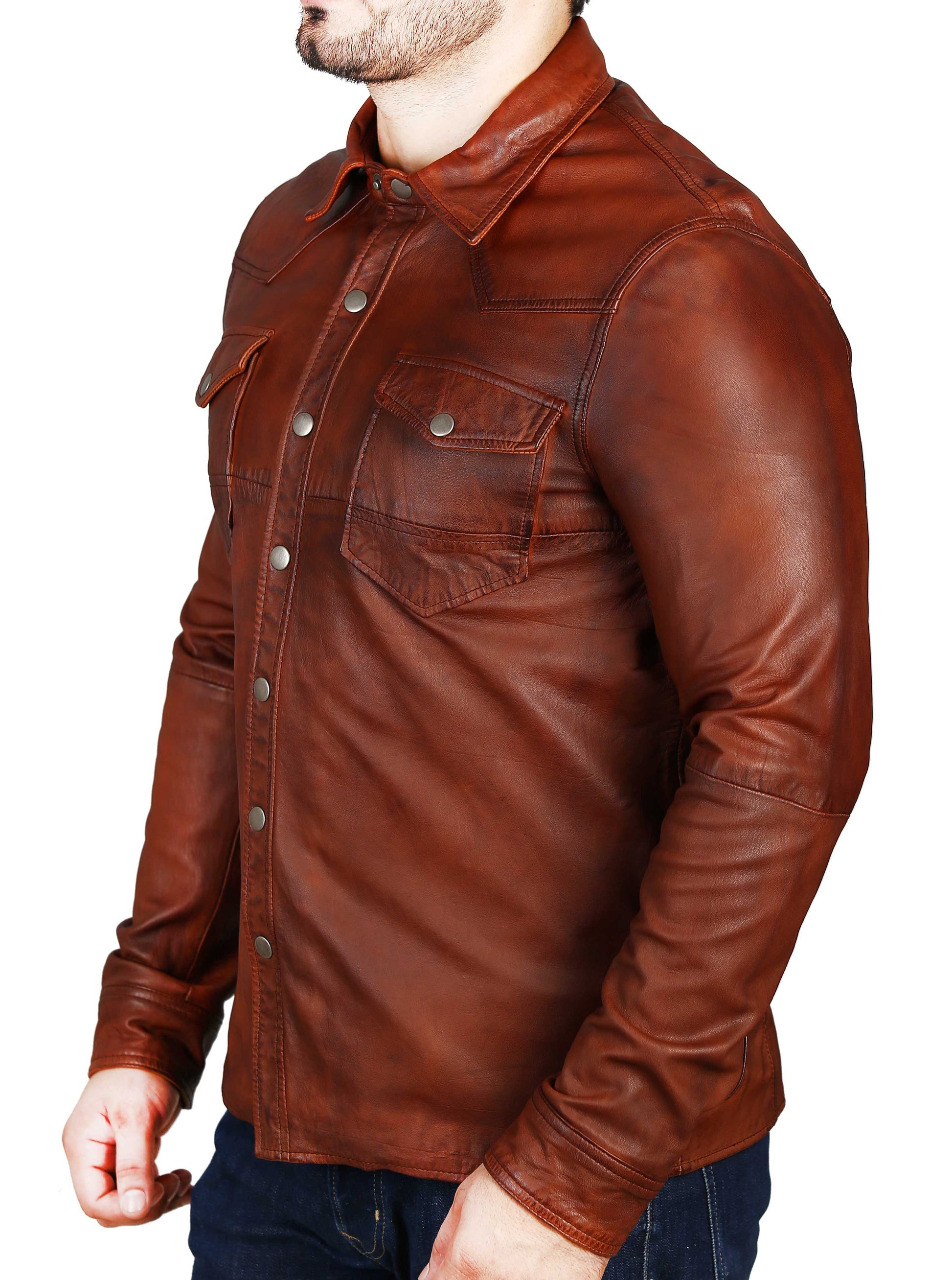 Rustic Brown Sheep Skin Leather Shirt | Majestic Leather — back view | Majestic Leather UK