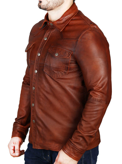 Rustic Brown Sheep Skin Leather Shirt | Majestic Leather — back view | Majestic Leather UK