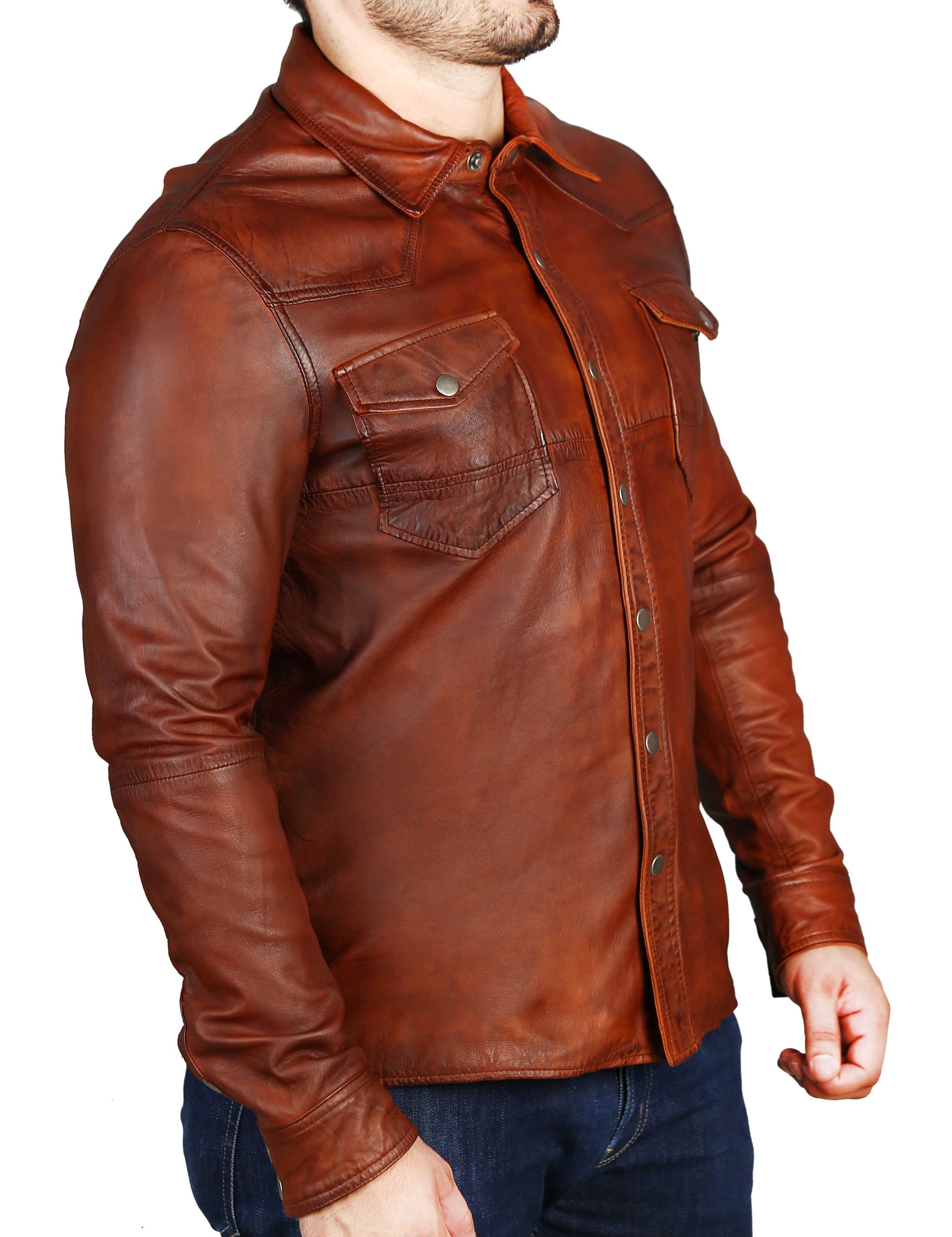 Rustic Brown Sheep Skin Leather Shirt | Majestic Leather — side profile | Majestic Leather UK