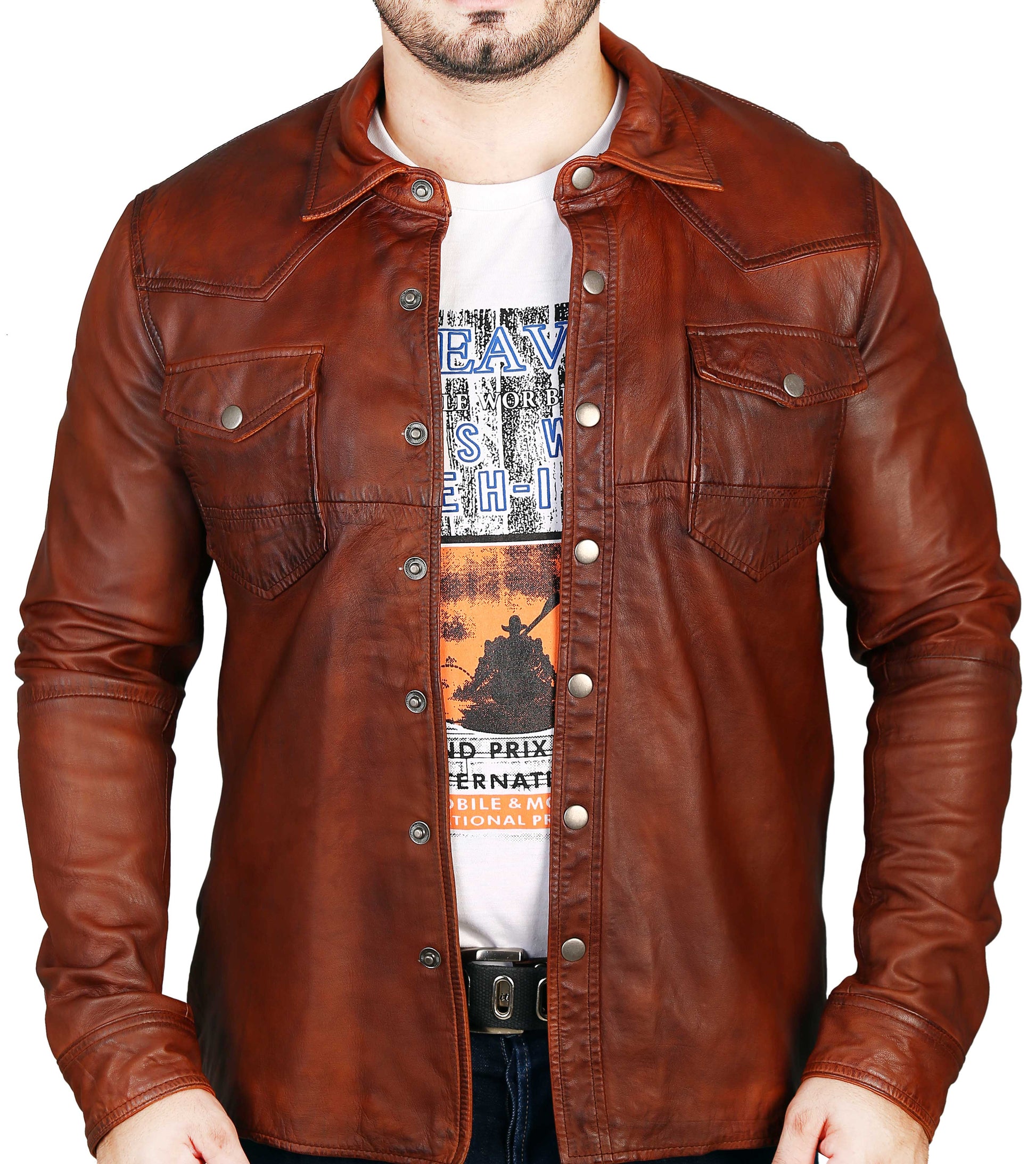 Rustic Brown Sheep Skin Leather Shirt | Majestic Leather — sleeve detail | Majestic Leather UK