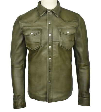 Men's Military Sheepskin Leather Shirt Olive | Majestic Leather — back view | Majestic Leather UK