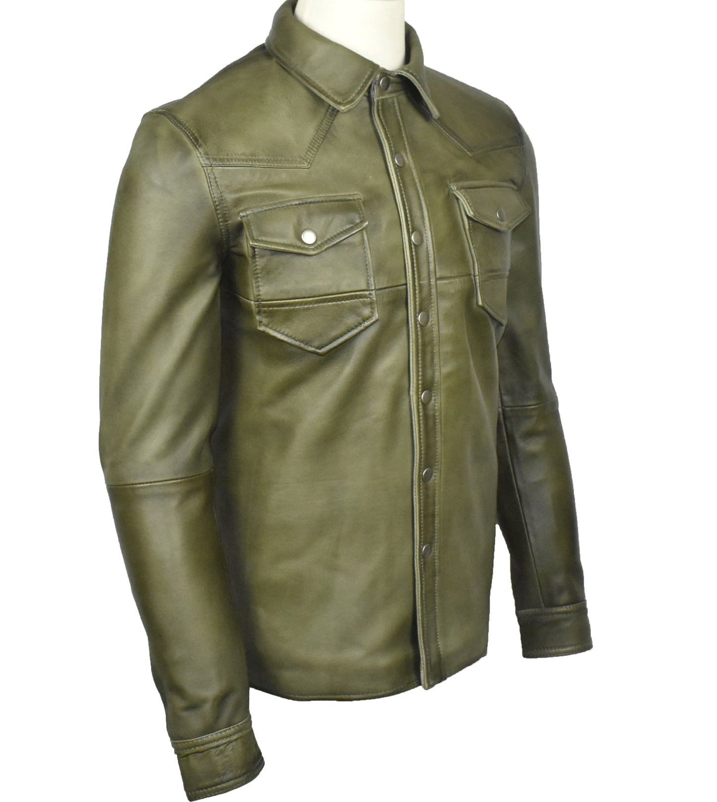 Men's Military Sheepskin Leather Shirt Olive | Majestic Leather — side profile | Majestic Leather UK