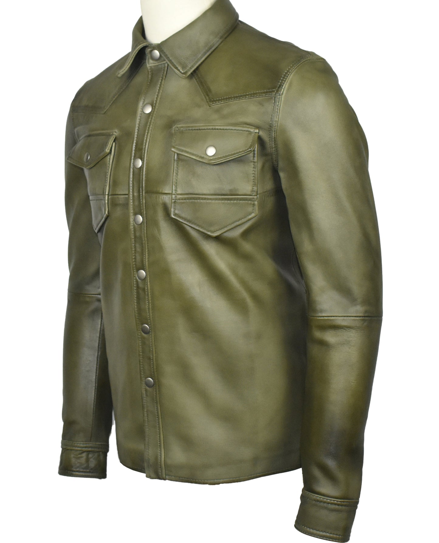 Men's Military Sheepskin Leather Shirt Olive | Majestic Leather — collar detail | Majestic Leather UK