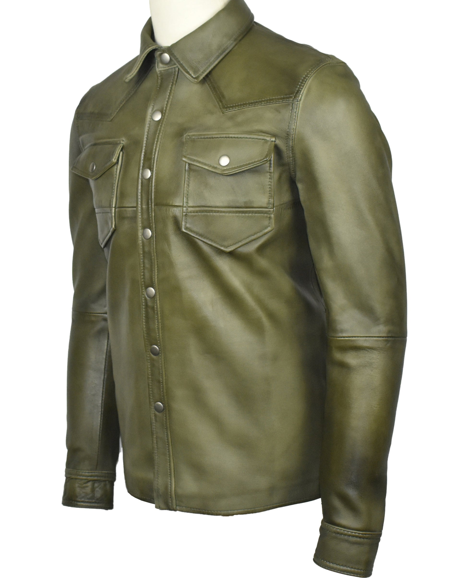Men's Military Sheepskin Leather Shirt Olive | Majestic Leather — collar detail | Majestic Leather UK