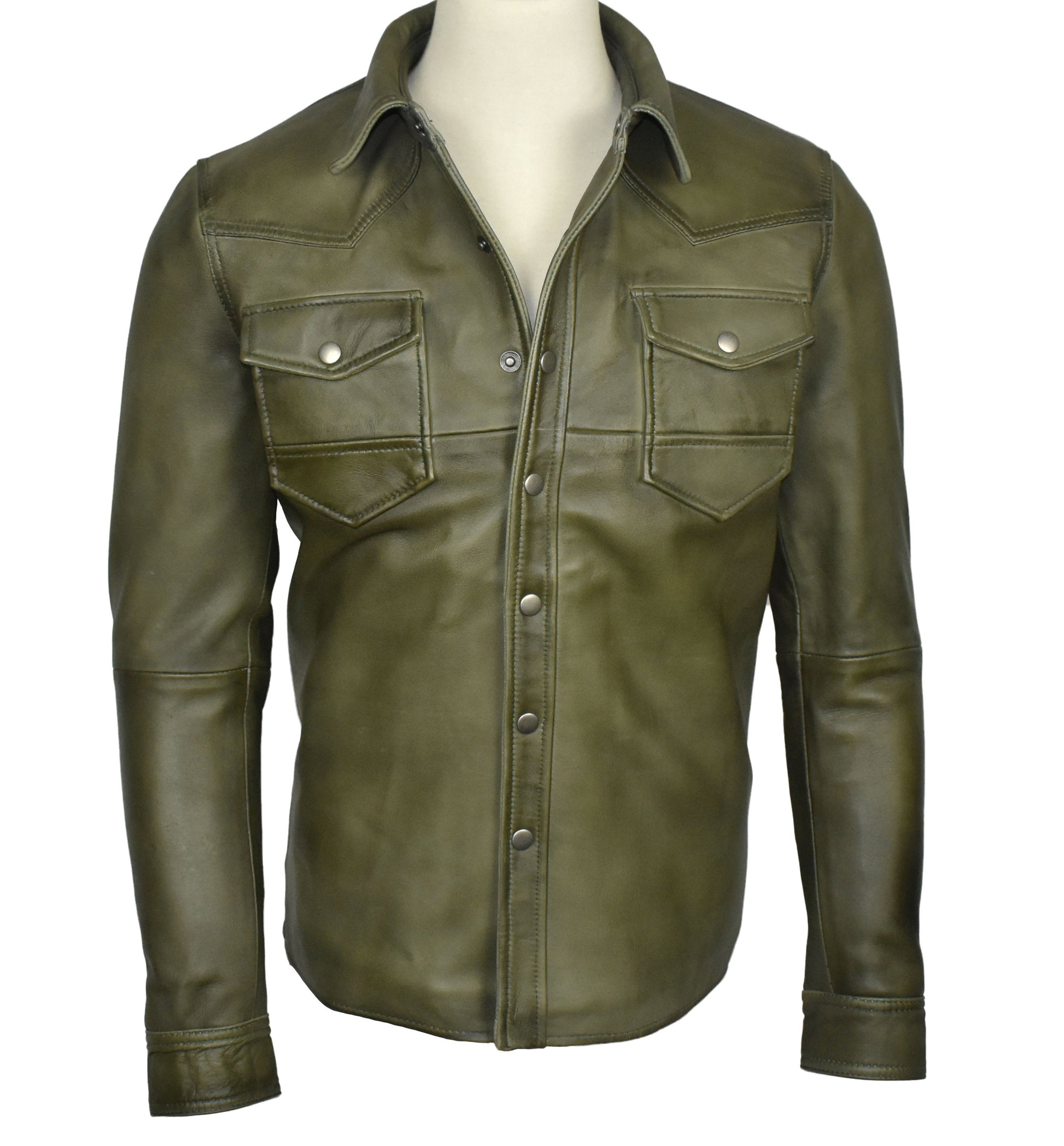 Men's Military Sheepskin Leather Shirt Olive | Majestic Leather — front view | Majestic Leather UK