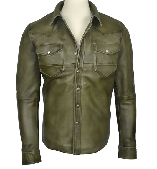 Men's Military Sheepskin Leather Shirt Olive | Majestic Leather — front view | Majestic Leather UK