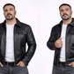 Men's New Black Genuine Lambskin Leather Trucker Jacket – Classic Casual Zip-Up Leather Coat — side profile | Majestic Leathe
