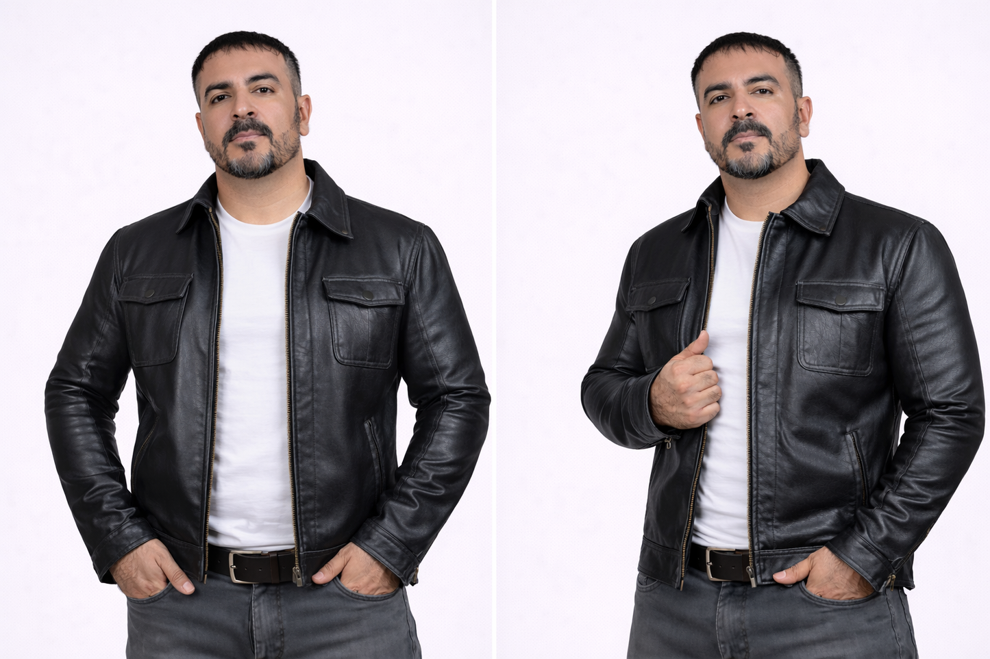 Men's New Black Genuine Lambskin Leather Trucker Jacket – Classic Casual Zip-Up Leather Coat — side profile | Majestic Leathe