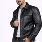 Men's New Black Genuine Lambskin Leather Trucker — side profile | Majestic Leather UK