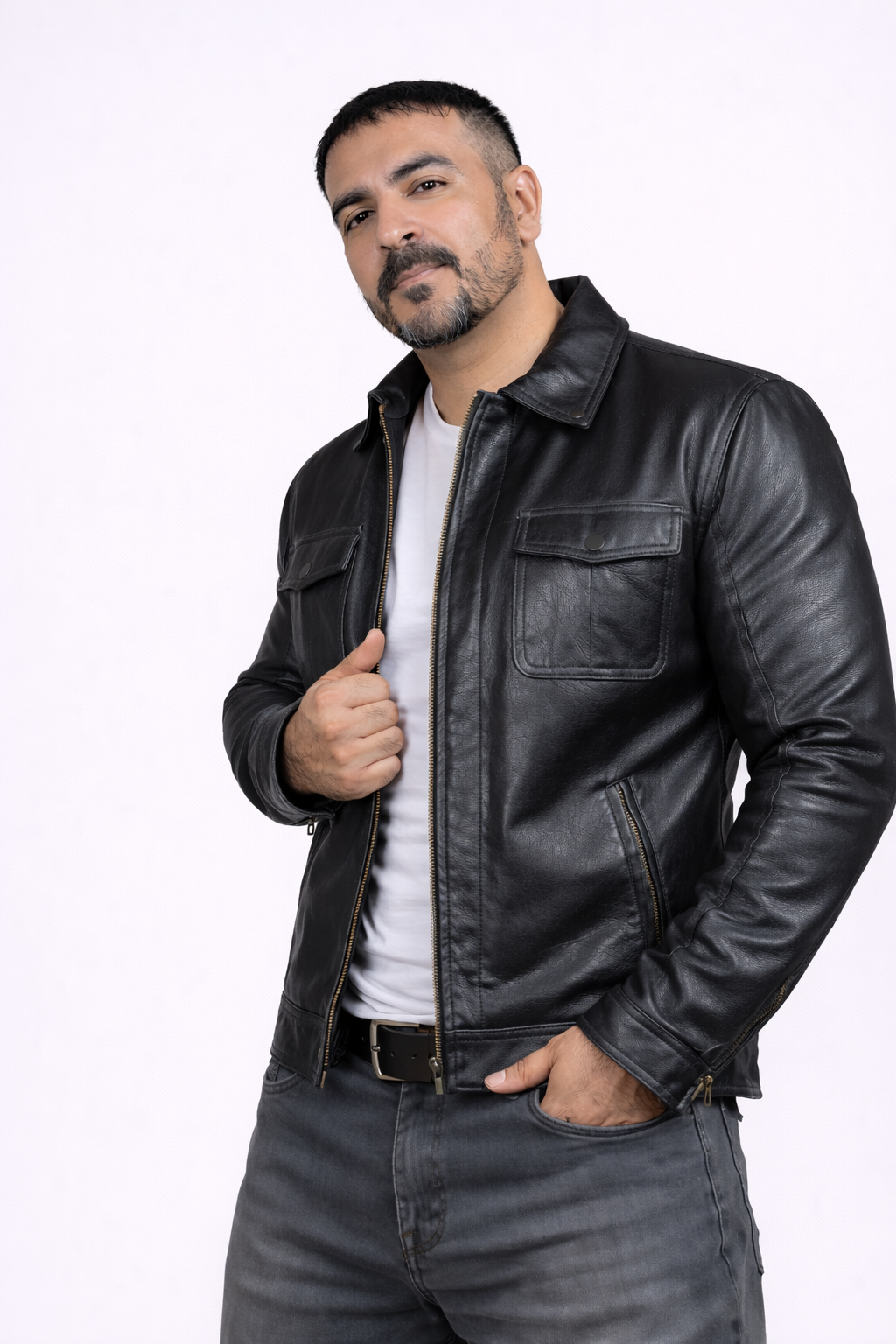 Men's New Black Genuine Lambskin Leather Trucker Jacket – Classic Casual Zip-Up Leather Coat — back view | Majestic Leather U