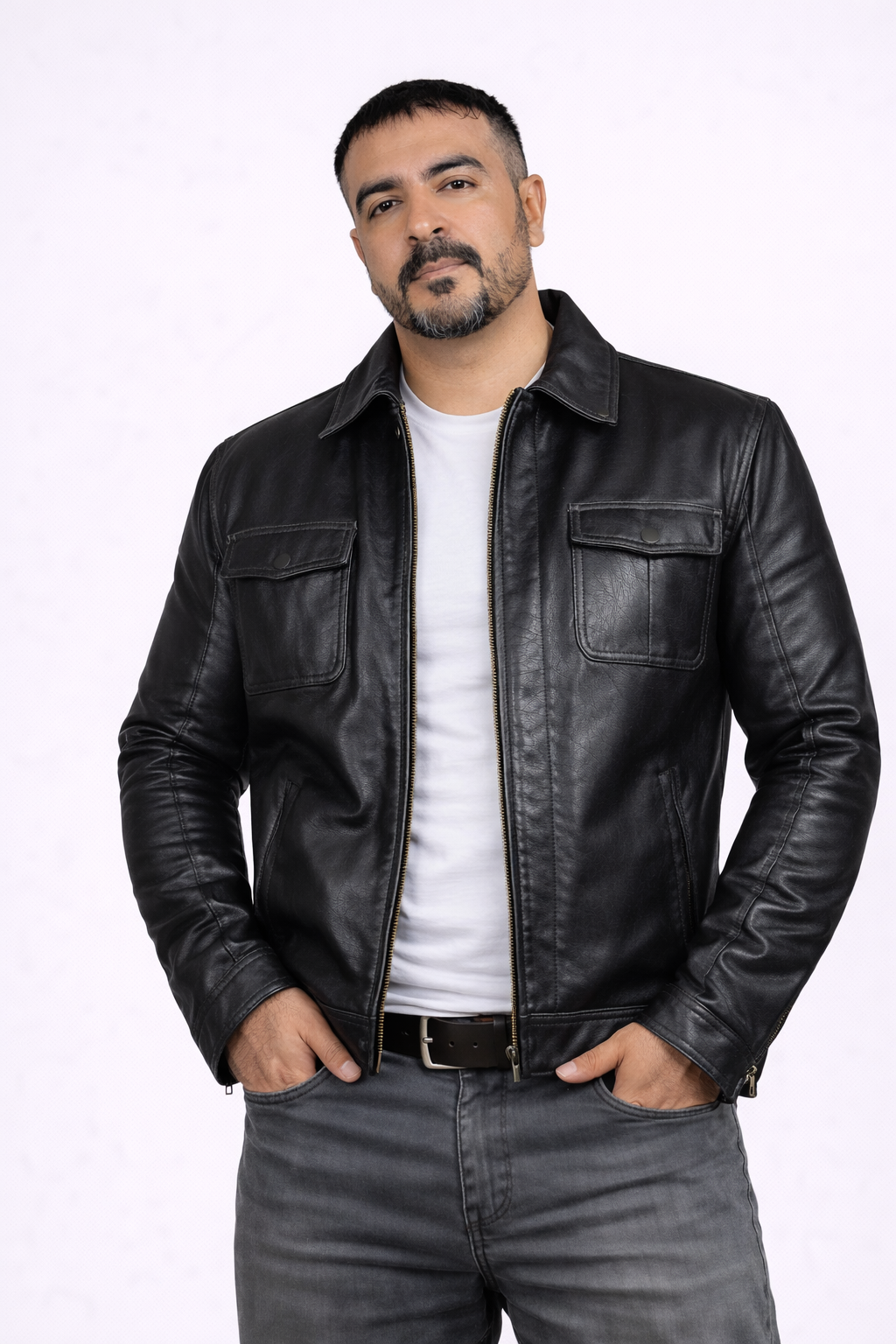 Men's New Black Genuine Lambskin Leather Trucker Jacket – Classic Casual Zip-Up Leather Coat — front view | Majestic Leather 