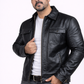 Men's New Black Genuine Lambskin Leather Trucker Jacket – Classic Casual Zip-Up Leather Coat — collar detail | Majestic Leath