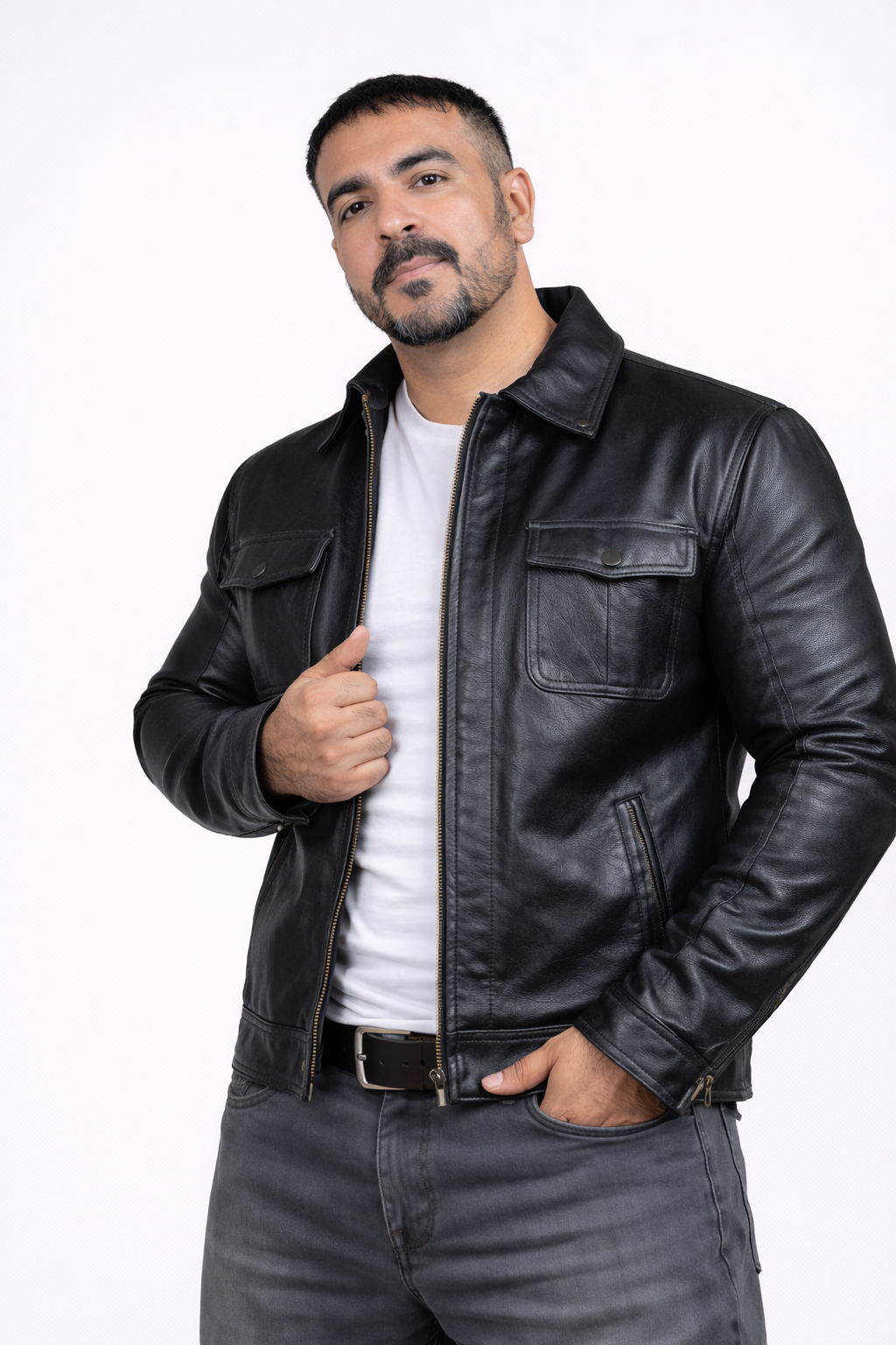 Men's New Black Genuine Lambskin Leather Trucker Jacket – Classic Casual Zip-Up Leather Coat — collar detail | Majestic Leath