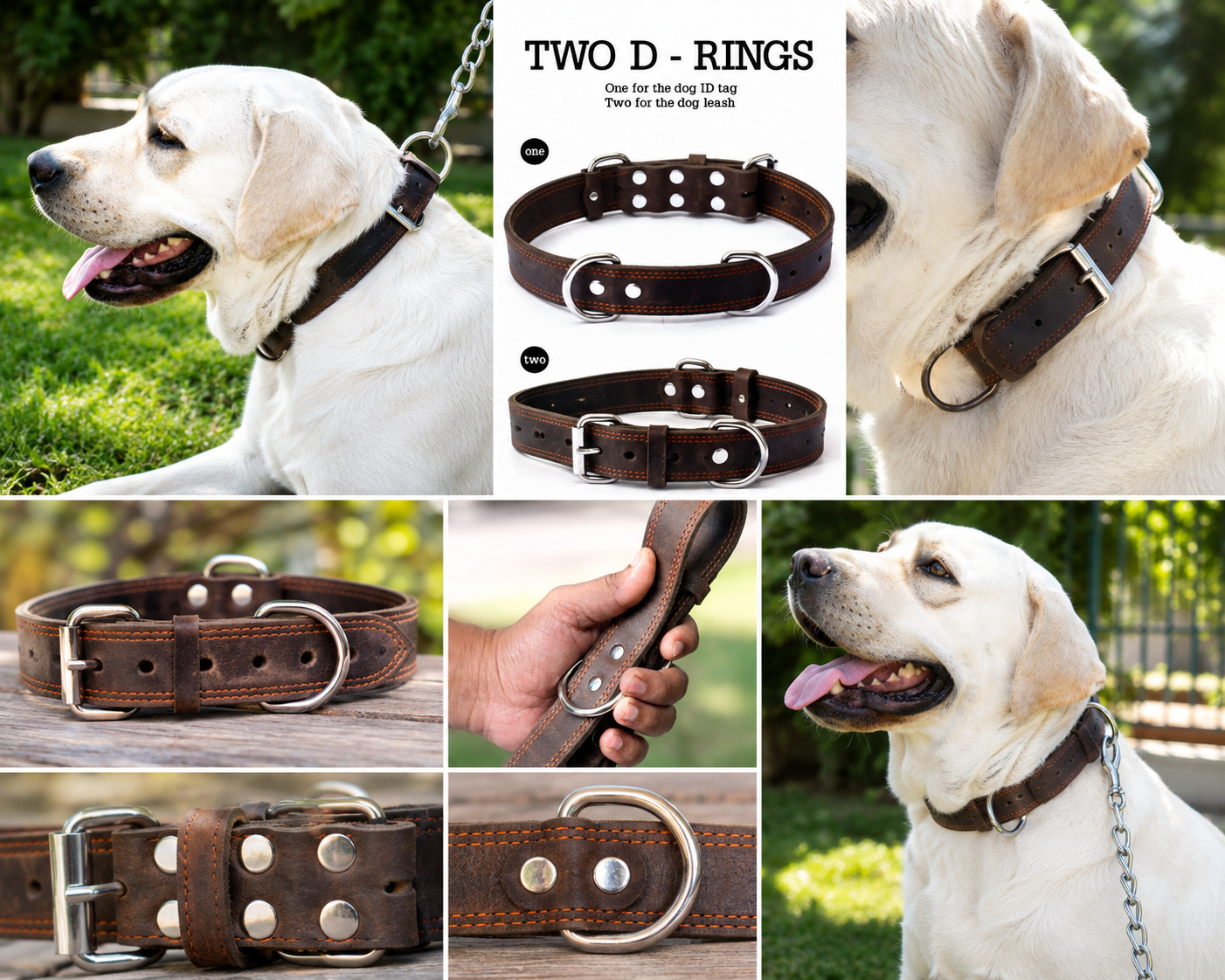 Heavy Duty Dark Brown Genuine Leather Dog Collar with Metal Buckle,Dual Stitch Majestic Leather
