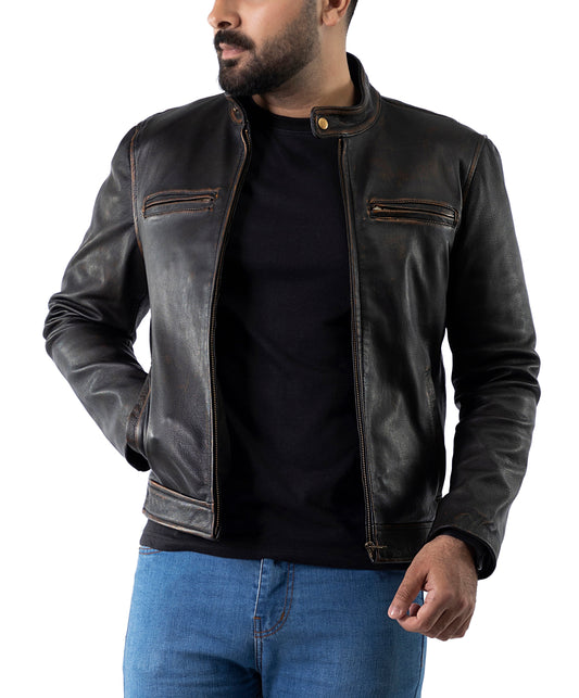 Distress Black Biker Real Leather Jacket | Majestic Leather — front view | Majestic Leather UK