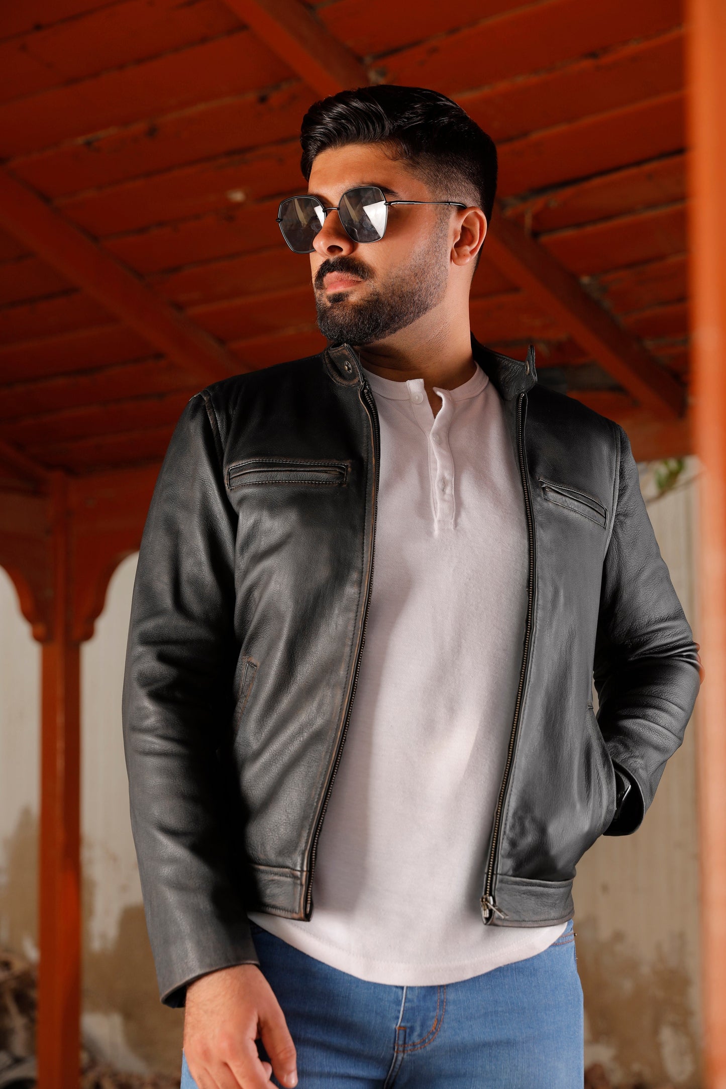Distress Black Biker Real Leather Jacket | Majestic Leather — back view | Majestic Leather UK