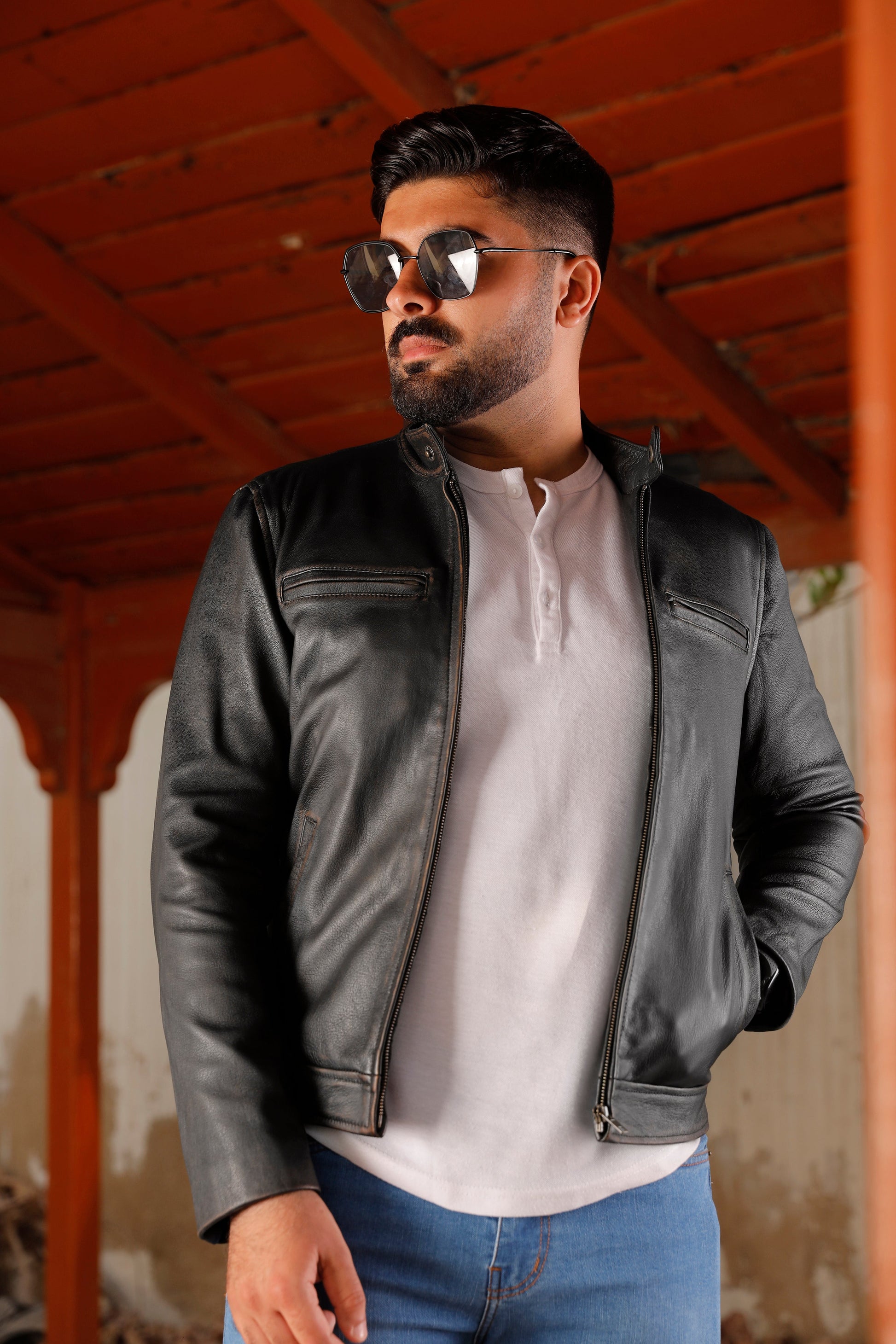 Distress Black Biker Real Leather Jacket | Majestic Leather — back view | Majestic Leather UK