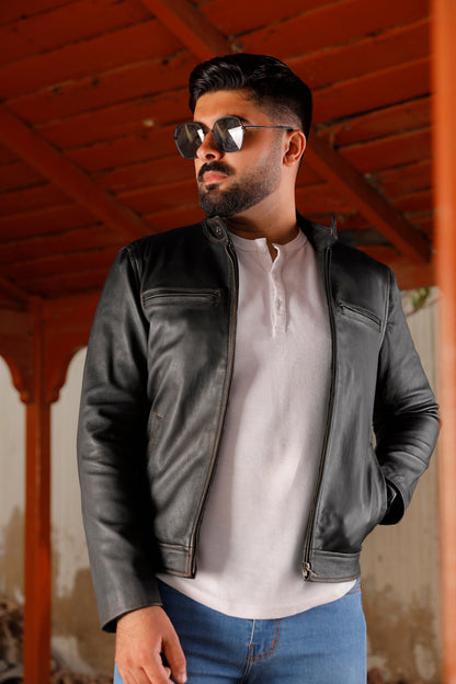 Distress Black Biker Real Leather Jacket | Majestic Leather — back view | Majestic Leather UK
