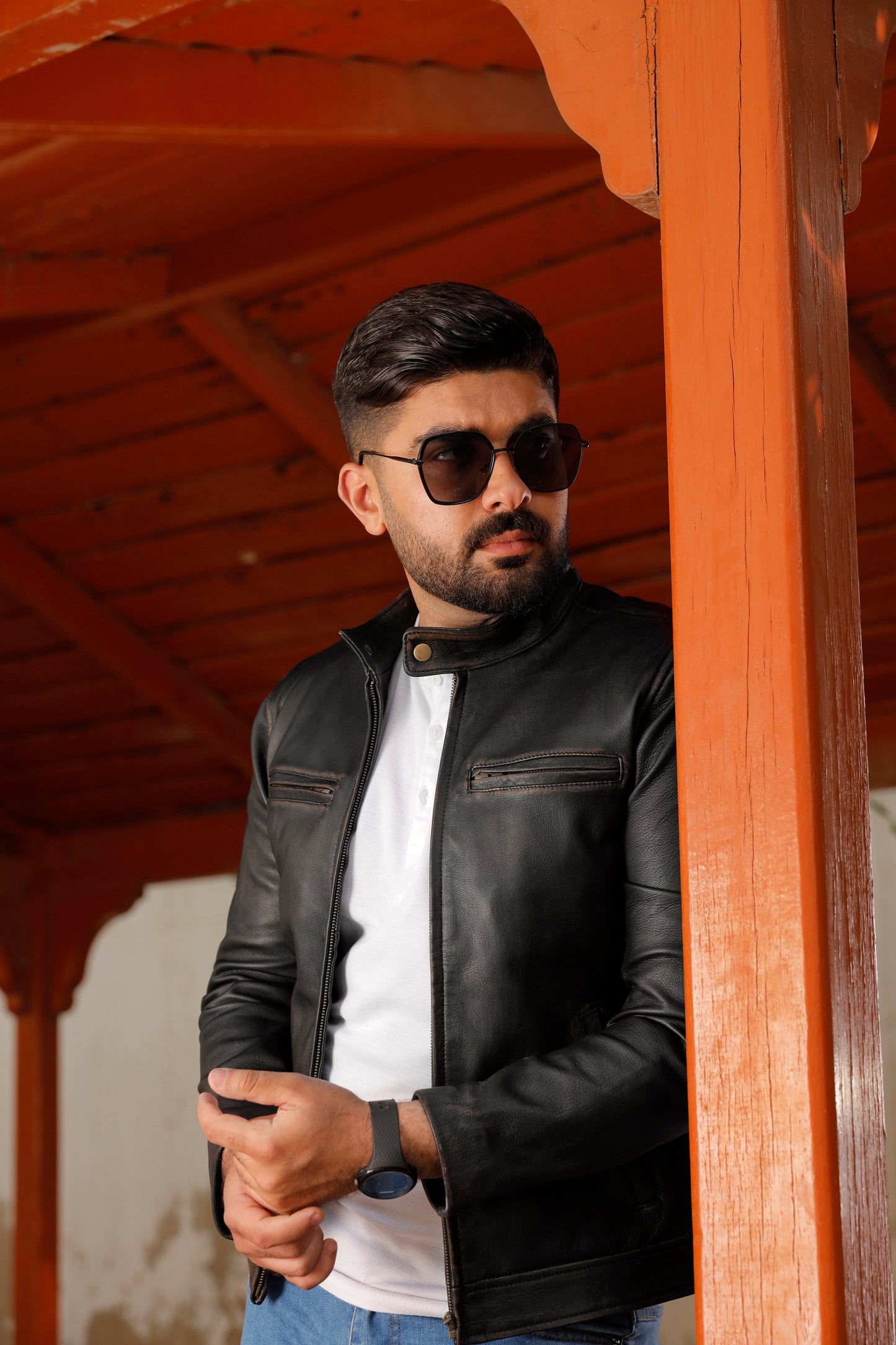 Distress Black Biker Real Leather Jacket | Majestic Leather — side profile | Majestic Leather UK