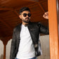 Distress Black Biker Real Leather Jacket | Majestic Leather — collar detail | Majestic Leather UK
