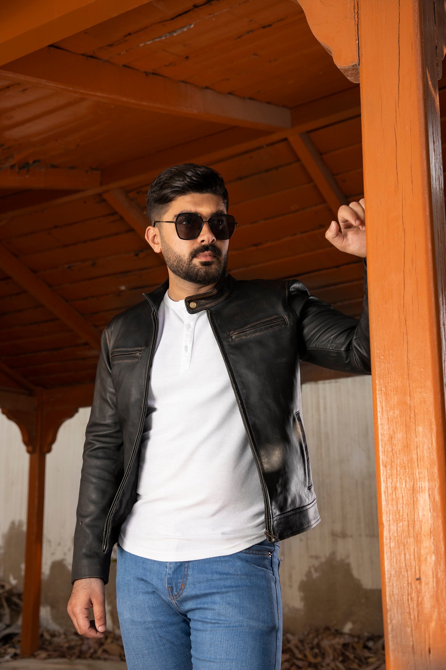 Distress Black Biker Real Leather Jacket | Majestic Leather — collar detail | Majestic Leather UK