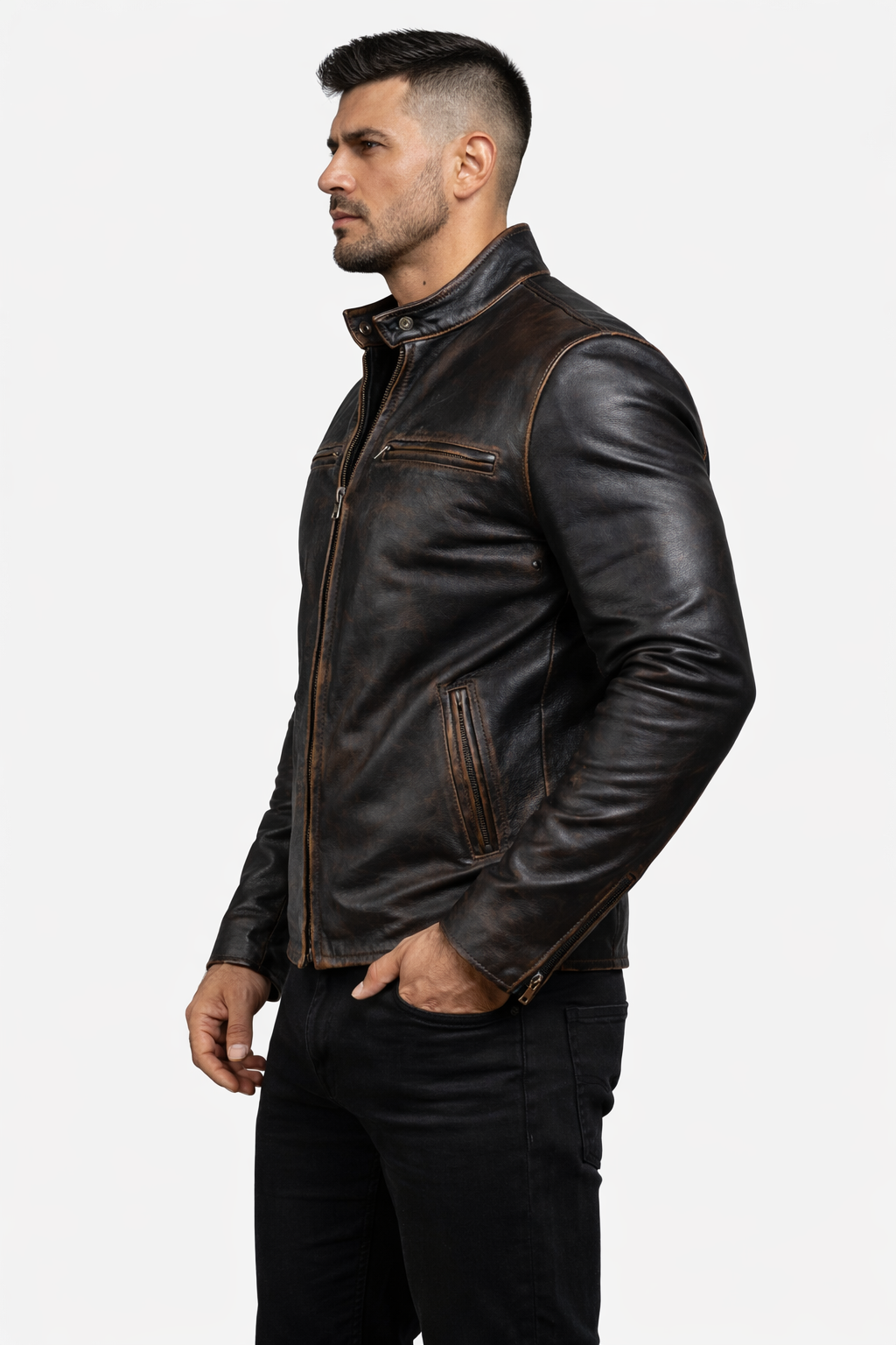 Men's New F&R Distressed  Black Vintage Look Biker Leather Jacket
