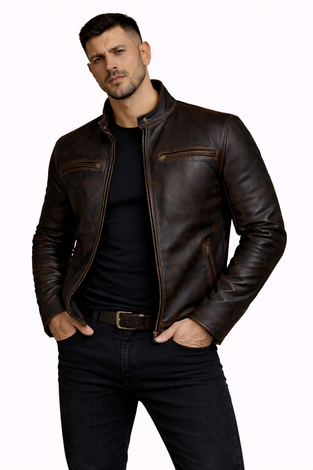 Men's New Contraband Diamond Distressed Black Vintage Look Biker Leather Jacket Majestic Leather