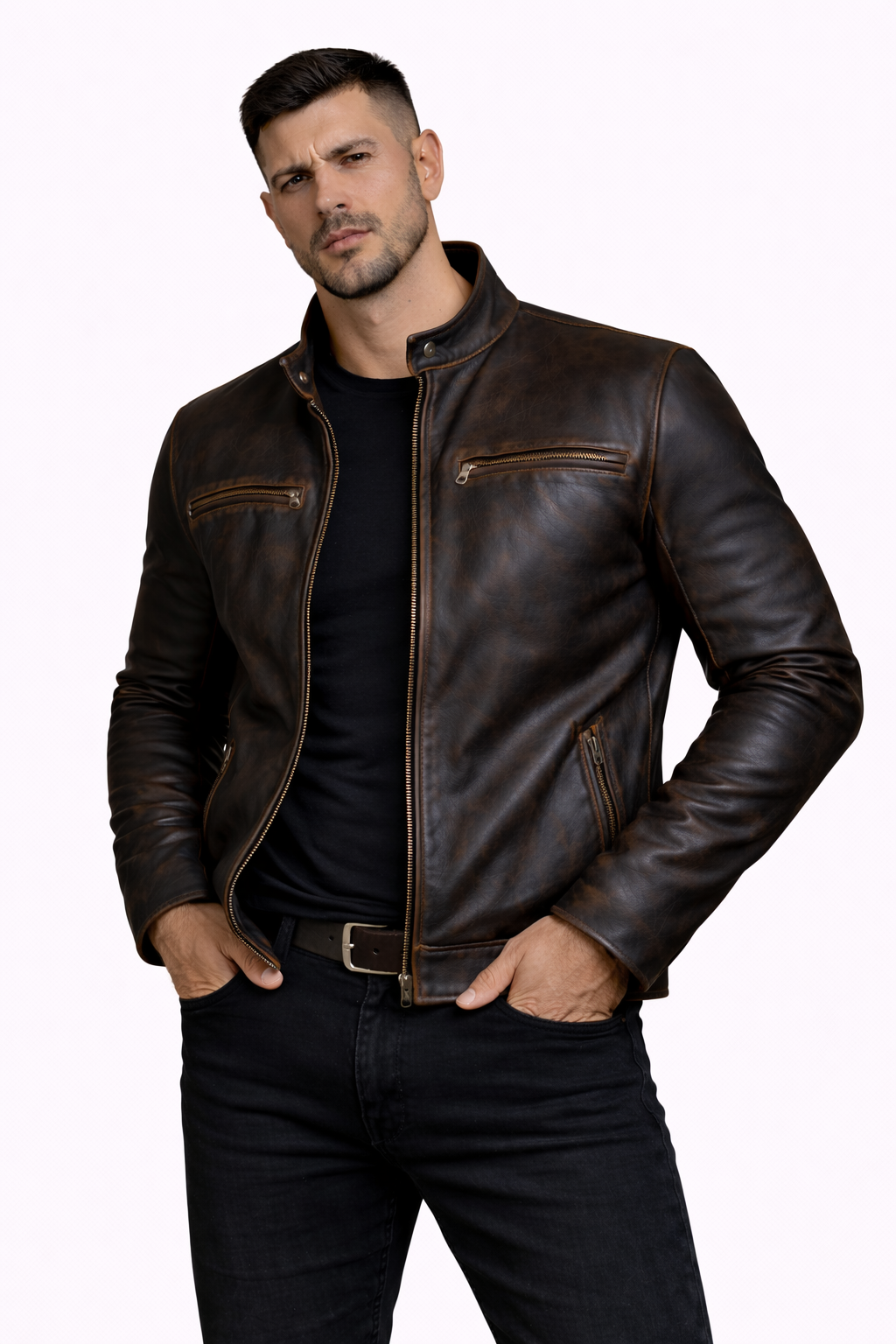 Men's New Contraband Diamond Distressed Black Vintage Look Biker Leather Jacket Majestic Leather