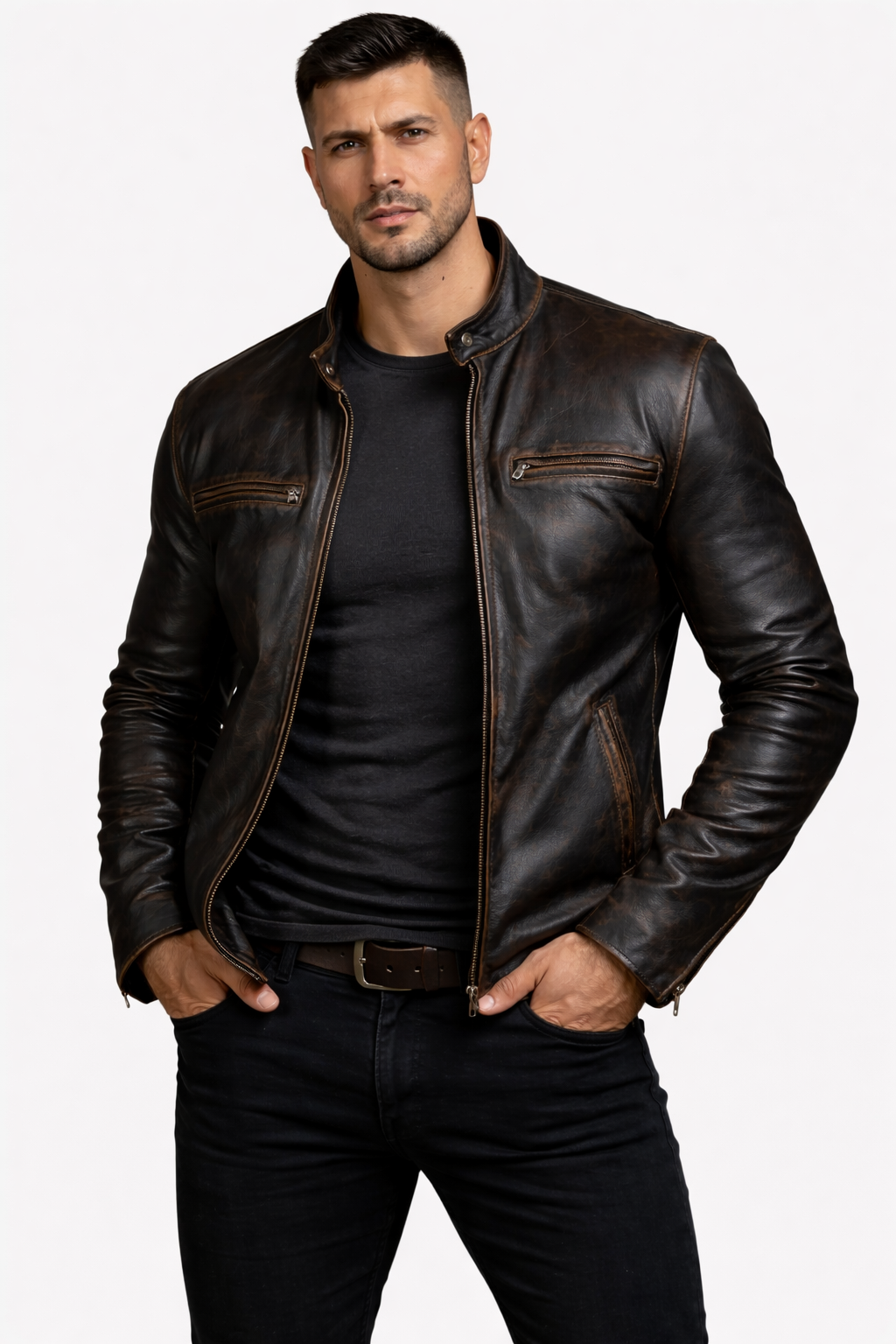 Men's New F&R Distressed  Black Vintage Look Biker Leather Jacket