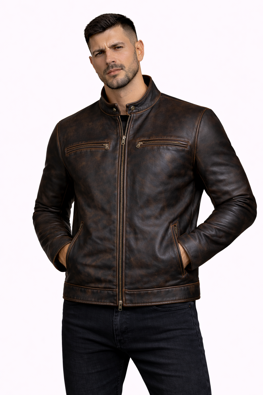 Men's New Contraband Diamond Distressed Black Vintage Look Biker Leather Jacket Majestic Leather