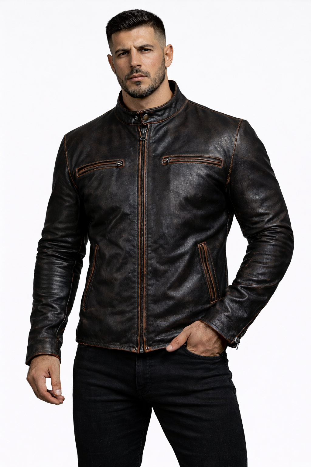 Men's New F&R Distressed  Black Vintage Look Biker Leather Jacket