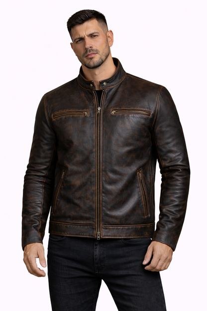 Men's New Contraband Diamond Distressed Black Vintage Look Biker Leather Jacket Majestic Leather