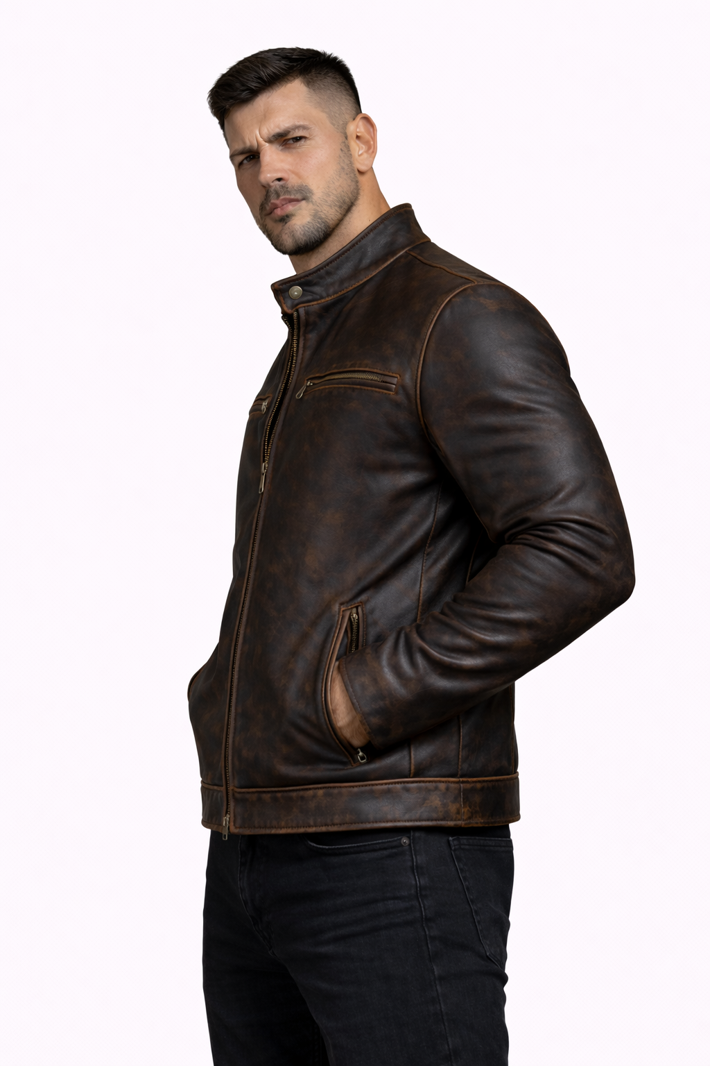 Men's New Contraband Diamond Distressed Black Vintage Look Biker Leather Jacket Majestic Leather