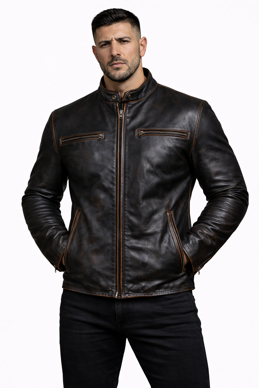 Men's New F&R Distressed  Black Vintage Look Biker Leather Jacket