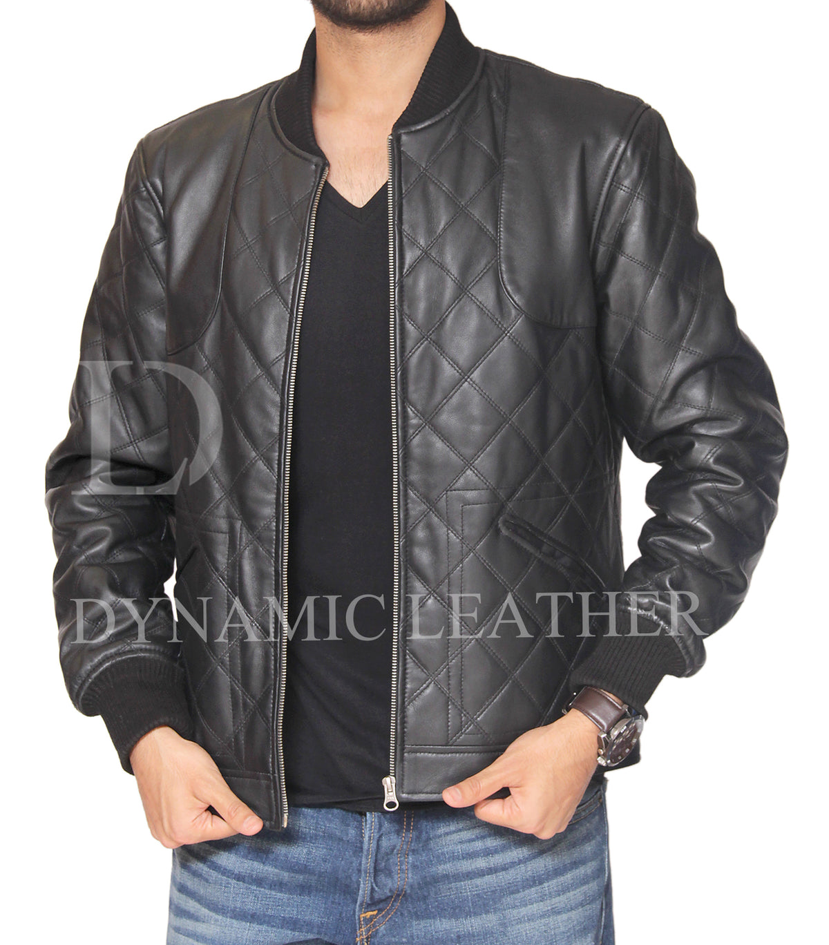 Men's Black Diamond Quilted Genuine Leather Bomber Jacket | Majestic Leather Majestic Leather